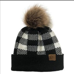 C.C Black & White Buffalo Plaid Pom Beanie New
